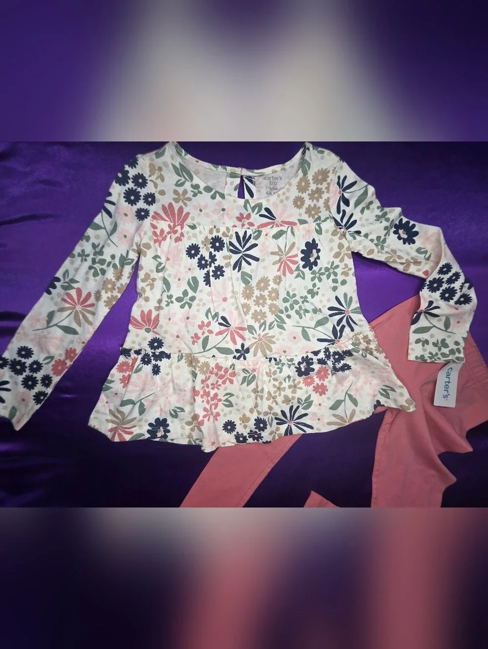 Carter's Floral Peplum/Jersey Top and Coral Leggings  Set - Nature Theme - Picture 3 of 9